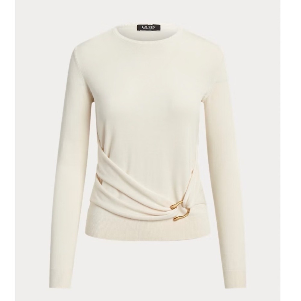 Ralph Lauren Twist Front Cotton Blend Sweater Gold Tone Equestrian Style XS